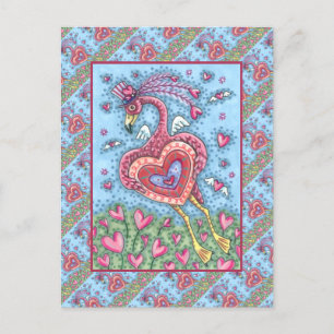 CARTÃO POSTAL DE FESTIVIDADES PINK FLAMINGO CUPID E NAMORADOS DE CORAÇÕES DE VOO