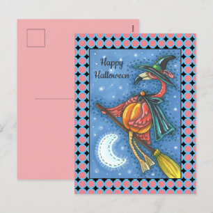 CARTÃO POSTAL DE FESTIVIDADES PINK FLAMINGO WITCH, VOANDO SOBRE A LUA EM UM QUAR