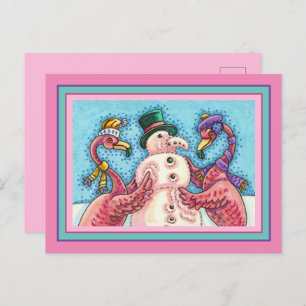 CARTÃO POSTAL DE FESTIVIDADES PINK FLAMINGOS FAZEM NEVE, AVES DE NATAL ENGRAÇADO