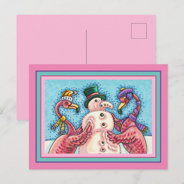 CARTÃO POSTAL DE FESTIVIDADES PINK FLAMINGOS FAZEM NEVE, AVES DE NATAL ENGRAÇADO (Frente/Verso)