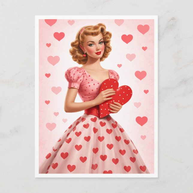 Cartão Postal De Festividades Pink Heart Retro Love Design Postcard (Frente)