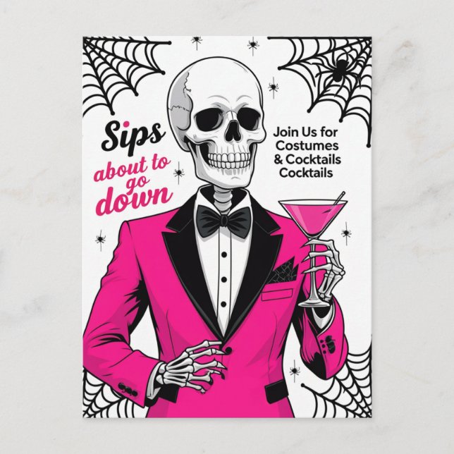 Cartão Postal De Festividades Pink Suit Skeleton Halloween (Frente)