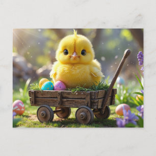 Cartão Postal De Festividades Pintinho de bebê bonito com ovos de Páscoa e vagão