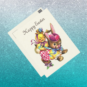 Cartão Postal De Festividades pintinho de coelhinho de Páscoa fofo