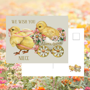 Cartão Postal De Festividades Pintinho de Vintage,  Floral Felz pascoa Niece