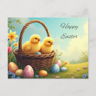 Cartão Postal De Festividades Pintinhos Amarelos felzs pascoa no Wicker Basket