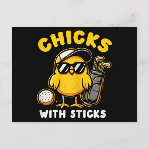 Cartão Postal De Festividades Pintinhos Com Sticks Golfer Girl Gol