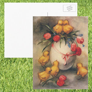 Cartão Postal De Festividades Pintinhos de Páscoa com Flores de Tulipas Vermelh