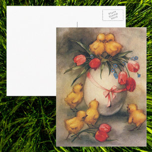 Cartão Postal De Festividades Pintinhos de Páscoa com Flores de Tulipas Vermelha