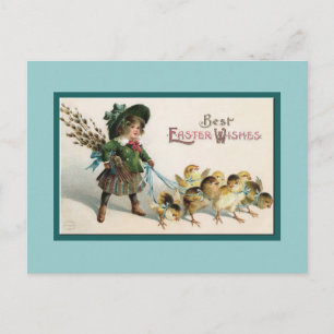 Cartão Postal De Festividades Pintinhos de Páscoas e Garota em Caminho