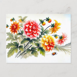 Cartão Postal De Festividades Pintura a tinta asiática Dahlias