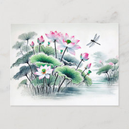 Cartão Postal De Festividades Pintura a Tinta Asiática Lotus e Dragonflies