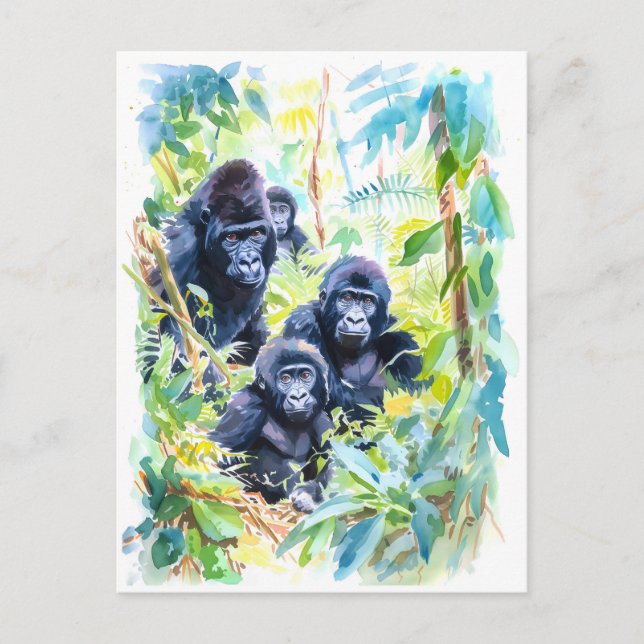 Cartão Postal De Festividades Pintura aquosa da família dos gorilas na selva (Frente)