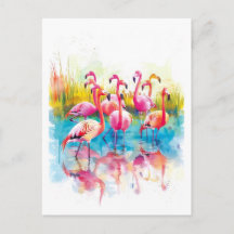 Pintura aquosa de flamingos numa lagoa