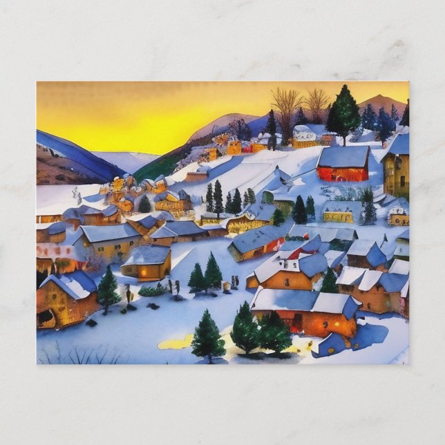 Cartão Postal De Festividades Pintura da Aldeia em Neve no amanhecer (Frente)