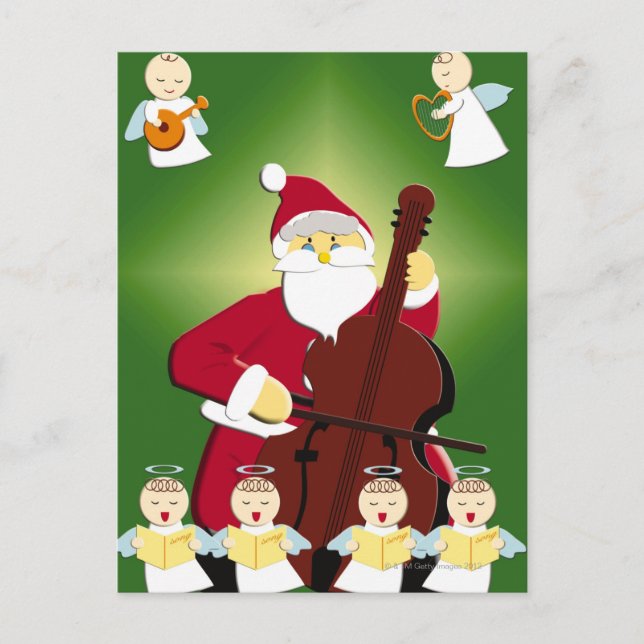 Cartão Postal De Festividades Pintura de Papai Noel que joga o violoncelo com (Frente)