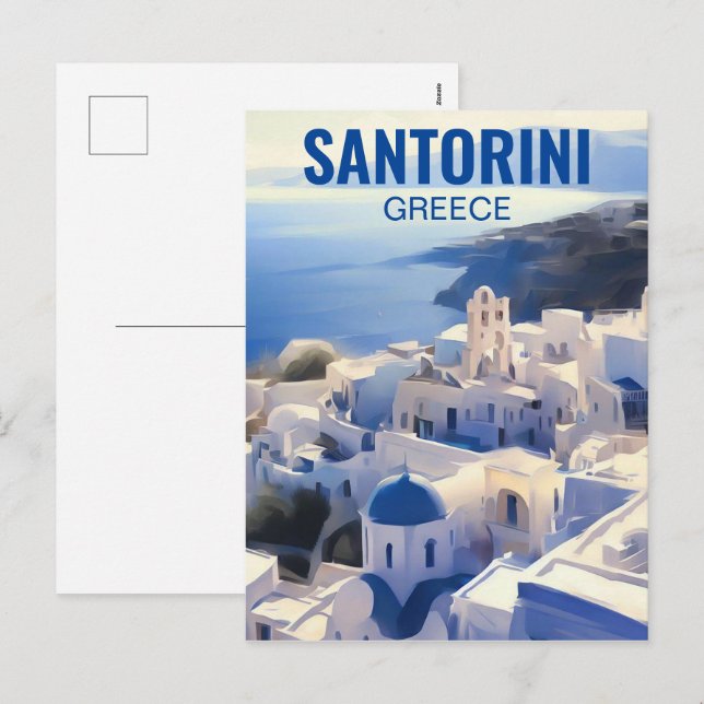 Cartão Postal De Festividades Pintura por Aquarela da Grécia Santorini (Frente/Verso)