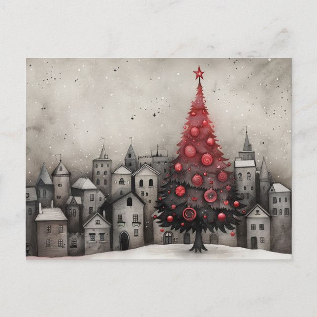 Cartão Postal De Festividades Placa de Árvore de Natal Whimsso Vermelho Preto (Frente)