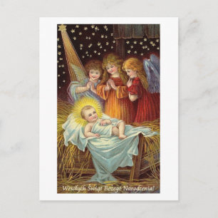 CARTÃO POSTAL DE FESTIVIDADES PLACA DE NATAL POLONESA COM ANJOS E BEBÊ JESUS