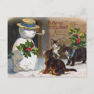 Cartão Postal De Festividades Placa Snowman e Kittens natais vintages