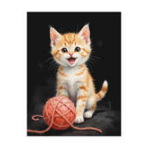 Playful Kitten Cat with Yarn Watercolor Print