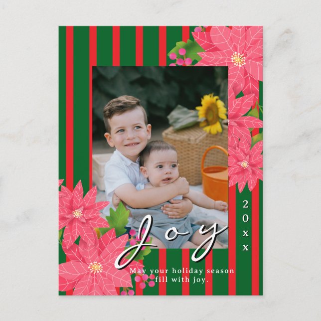 Cartão Postal De Festividades Poinsétia de Natal Alegria Foto Vermelho Verde (Frente)