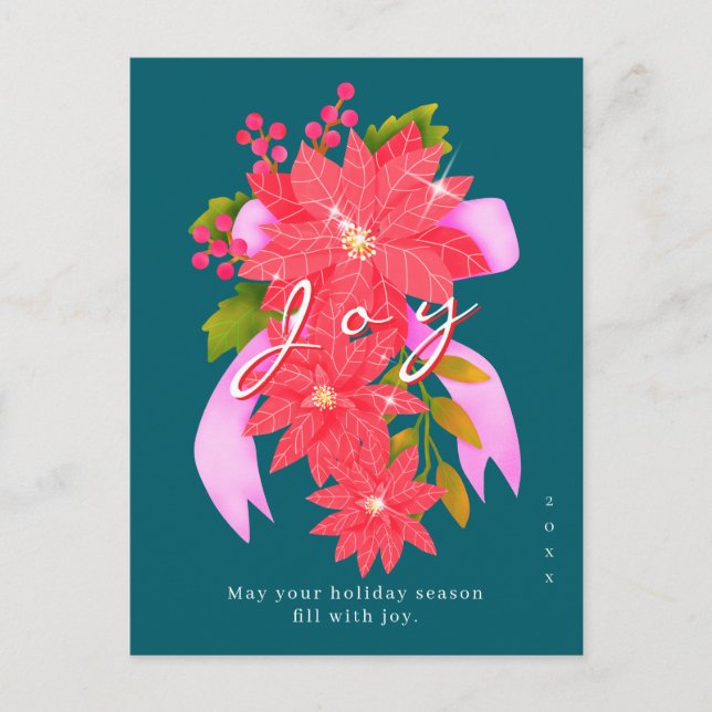 Cartão Postal De Festividades Poinsétia de Natal Azul Teal Alegria (Frente)