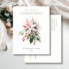Cartão Postal De Festividades Poinsettia Berries Foliage Watercolor
