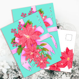 Cartão Postal De Festividades Poinsettia Feliz Férias Ano Novo Azul Água
