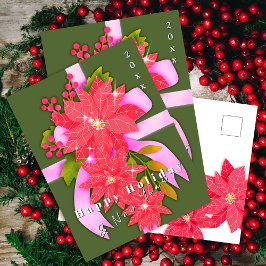 Cartão Postal De Festividades Poinsettia Happy Holiday New Year Green