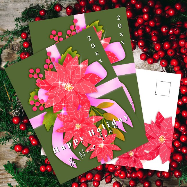 Cartão Postal De Festividades Poinsettia Happy Holiday New Year Green (Criador carregado)