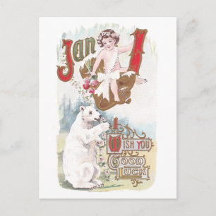 Cartão Postal De Festividades Polar Bear e Bebê Vintagem de Ano Novo