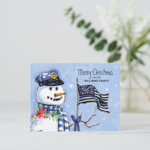 Cartão Postal De Festividades Policial Fino Blue Line Flag Feliz Natal Snowman