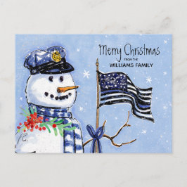 Cartão Postal De Festividades Policial Fino Blue Line Flag Feliz Natal Snowman