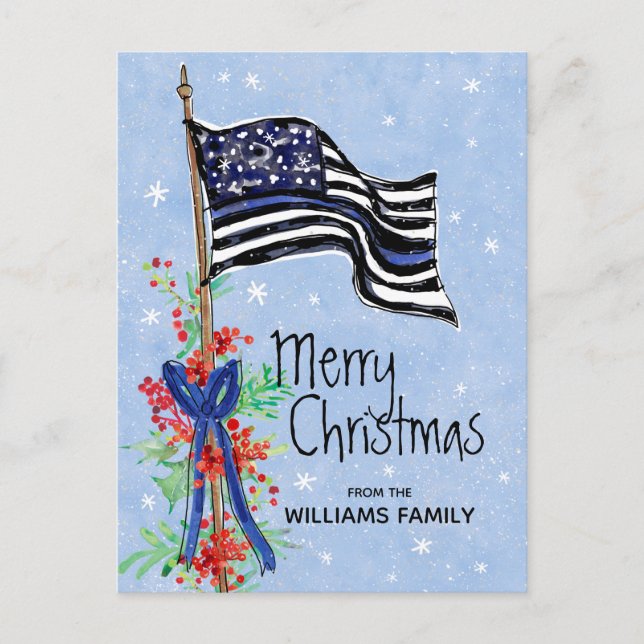 Cartão Postal De Festividades Policial Thin Blue Line American Flag Holly Add Na (Frente)