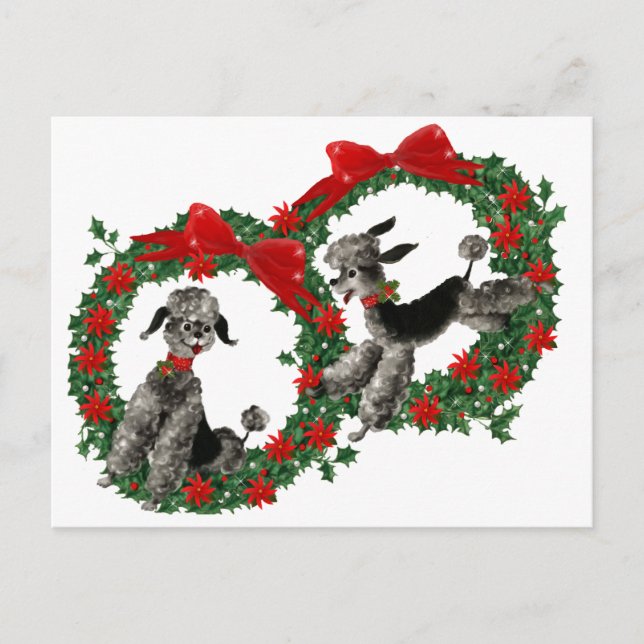 Cartão Postal De Festividades Poodles de Natal retrógrados em coroas (Frente)
