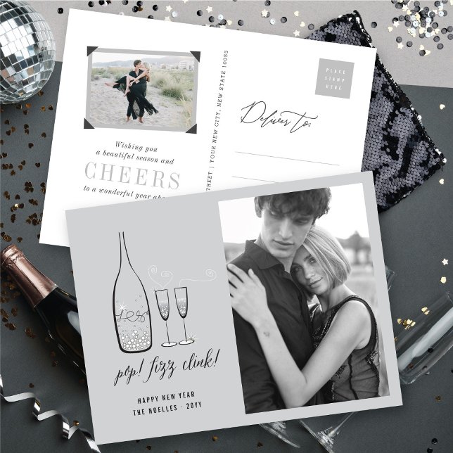 Cartão Postal De Festividades Pop Fizz Clink Na moda Silver Champagne Foto Chic (Pop Fizz Clink Stylish Silver Champagne Chic Photo Holiday Postcard @ fat_fa_tin)