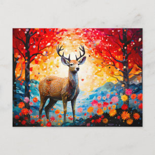Cartão Postal De Festividades Pôr do Sol Dourado Floral Floresta de Outono Veado