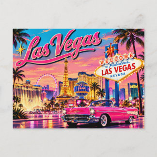 Cartão Postal De Festividades Pôr do Sol Neon Retro de Las Vegas com Carro Cláss