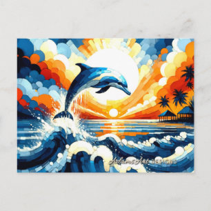 Cartão Postal De Festividades Pôr do Sol Vibrante com Golfinho
