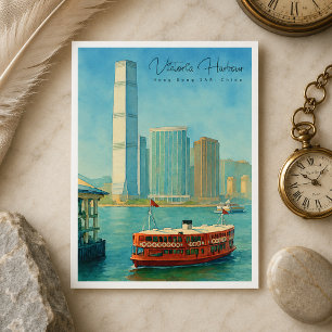 Cartão Postal De Festividades Porto de Vitória Hong Kong Silhueta Retrô