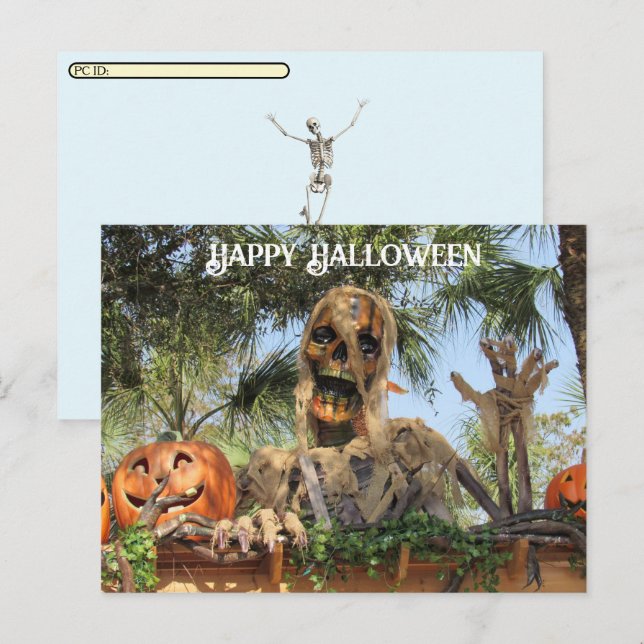 Cartão Postal De Festividades Pós-travessia - Esqueleto de Halloween e Abóbora (Frente/Verso)