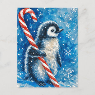 Cartão Postal De Festividades Postcard de Natal do Pinguim Fofo com Bengala de N