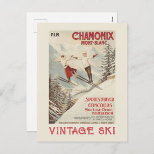 Cartão Postal De Festividades Poster de Esqui Francês Chamonix Mont Blanc Vintag