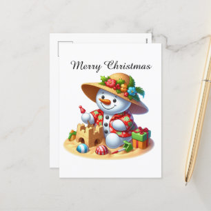 Cartão Postal De Festividades Praia festiva e personalizável Snowman Feliz Natal