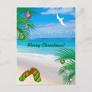 Cartão Postal De Festividades Praia Tropical, Palmeiras e Chinelos Natal