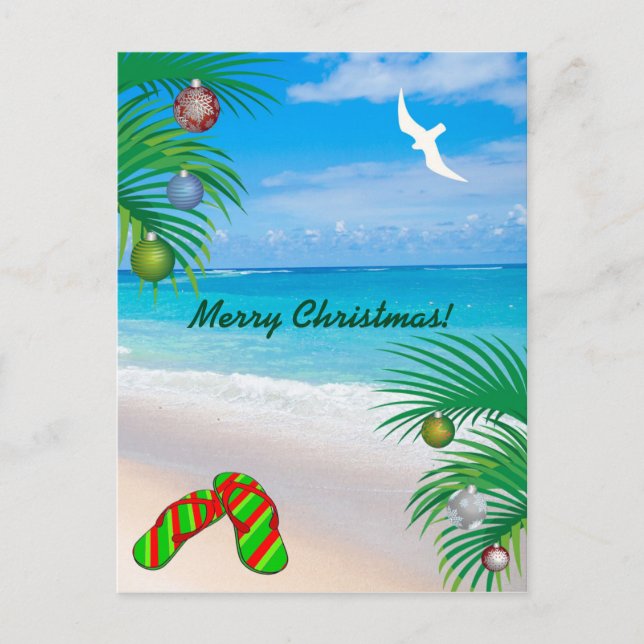 Cartão Postal De Festividades Praia Tropical, Palmeiras e Chinelos Natal (Frente)
