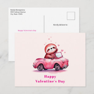 Cartão Postal De Festividades Preguiça Fofa em um Conversível Rosa no Dia dos Na