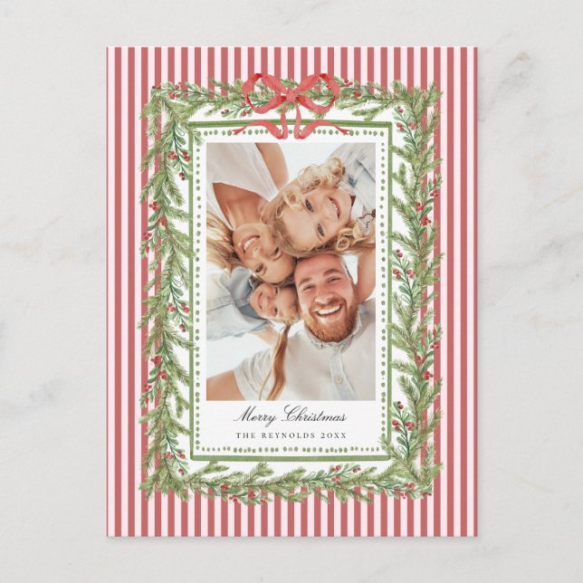 Cartão Postal De Festividades Preppy Coastal Bow Family Photo Christmas Holiday  (Frente)