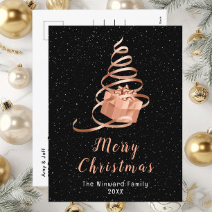 Cartão Postal De Festividades Presente de Fita Preta e Dourado Rosa Feliz Natal